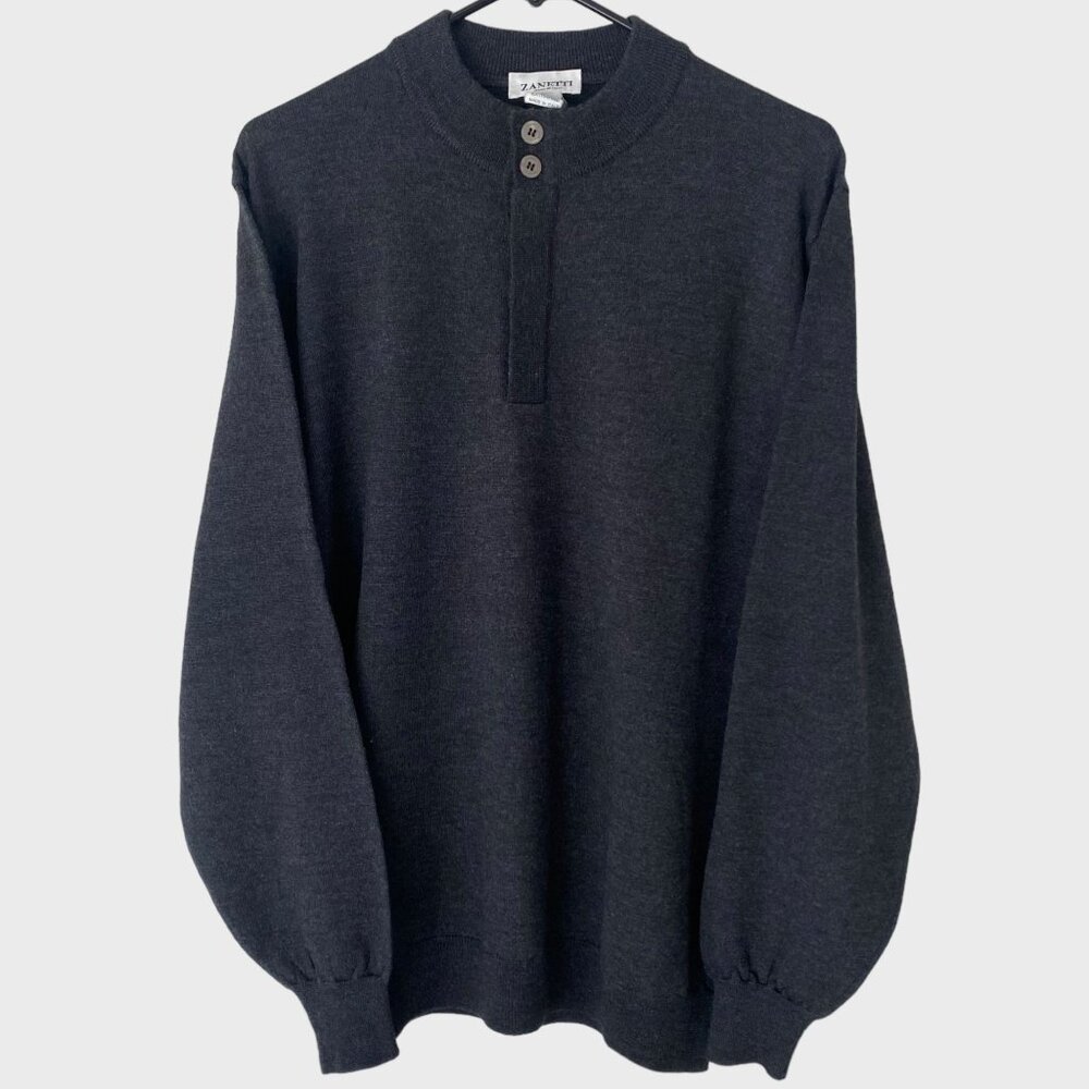 Zanetti Italy Merino Wool Henley Sweater Gray Men's Size XL Long-Sleeve Pullover